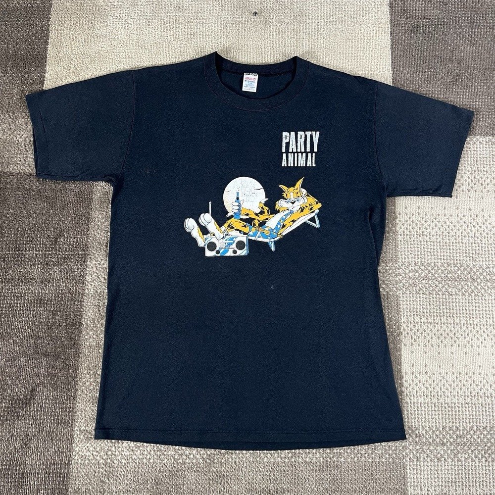 True Vintage Party Animal T Shirt 80s 70s Mens XL Black‎ Boombox Beer Graphic